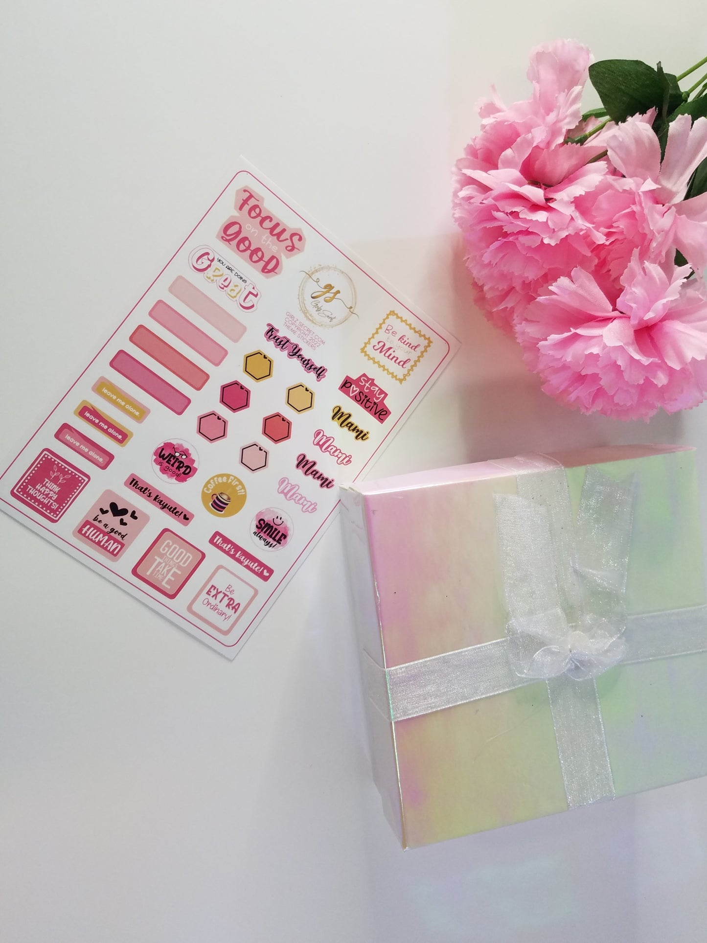 Embellish your journal, diary, notebook, or planner with our Girlz Secret sticker sheet, featuring 31 stylish pink stickers. I'm a big journaler, so these stickers make it easy to highlight certain things, as well as provide inspirational quotes for when I need a little boost. DETAILS Sticker sheet with 31 stickers. Some blank, some with sayings. Pink and gold. Great for journals, diaries, notebooks, and planners.