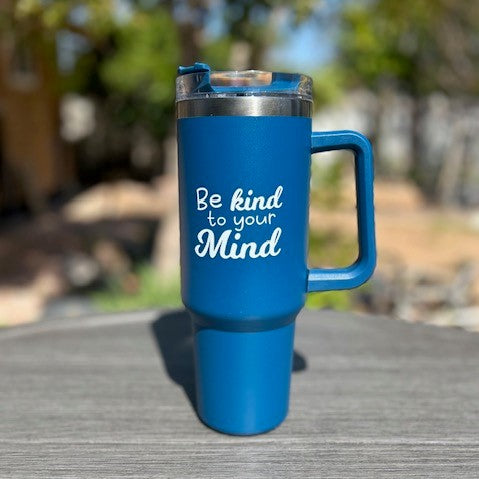 Sip in style and nurture your mind, with our navy blue tumbler designed to remind. Raise awareness for post-partum depression and mental health, while enjoying hot or cold beverages at your stealth. With straw included, this tumbler is perfect for you and me!  Introducing the Navy Blue Tumbler - a bold and striking drinkware item that embodies something far greater than cold or hot beverages.