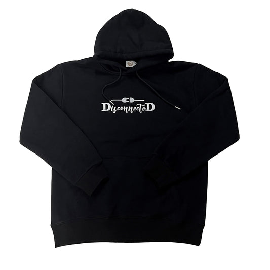Our "DisconnecteD" black fleece-lined hoodie is professionally embroidered with white cursive letters with two black capital D's on each end. Above the word "DisconnecteD," sits a white unconnected power cord. I focus on the word, "DisconnecteD," quite a bit in my product line because it really describes how I felt when I had PPD - disconnected from the world, from my baby, and from myself.
