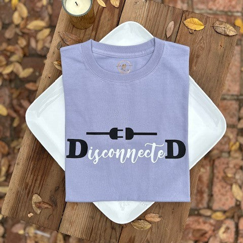 Our "DisconnectedD" t-shirt is professionally screen printed featuring a pretty lavender shirt with white cursive letters with two black capital D's on each end. Above the word, "DisconnecteD" sits a black unconnected power cord. This is exactly how I felt after having my son - disconnected from the world, from my baby, and from myself. This terrible loneliness resulted in alienating myself from my family, and thinking that I couldn't do anything right for my child.