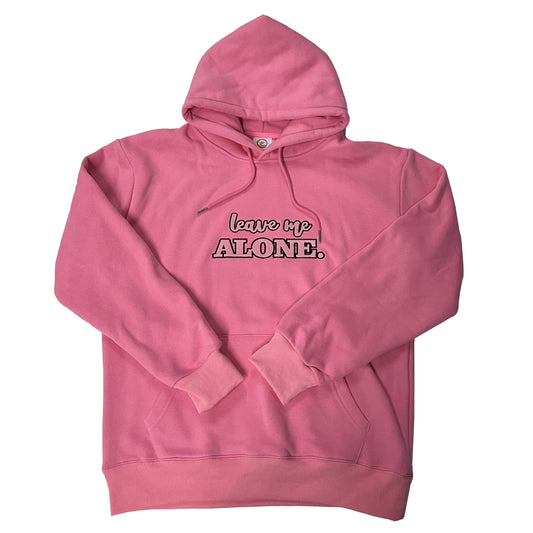 Our "Leave Me Alone" rose pink fleece-lined hoodie is professionally embroidered with pink letters lined in black.  It's very normal to want to be left alone when you have PPD. During my time with PPD, I was in my own little world and I just wanted to be left alone with my baby. While I think the solitude helped me with the emotions I was feeling at the time, it also made me feel lonely and depressed.