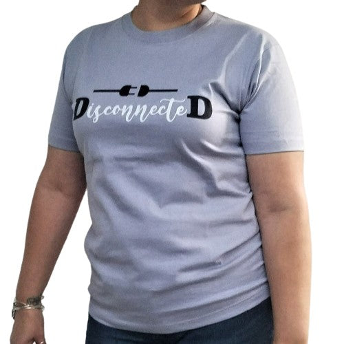 Our "DisconnectedD" t-shirt is professionally screen printed featuring a pretty lavender shirt with white cursive letters with two black capital D's on each end. Above the word, "DisconnecteD" sits a black unconnected power cord.  This is exactly how I felt after having my son - disconnected from the world, from my baby, and from myself. This terrible loneliness resulted in alienating myself from my family, and thinking that I couldn't do anything right for my child.