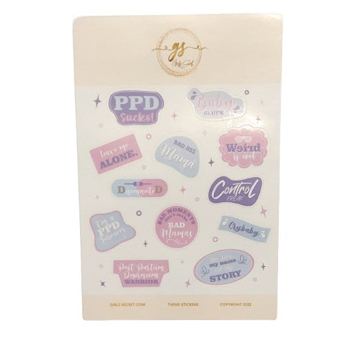Our Girlz Secret sticker sheet features 12 quote stickers specifically about Postpartum Depression that you can use in your journal, diary, notebook, or planner, as well as with our Girlz Secret notepad. I like to post one of these stickers each month on my self-care planner. It provides the necessary motivation to handle the next 30 to 31 days and to know that PPD is manageable.